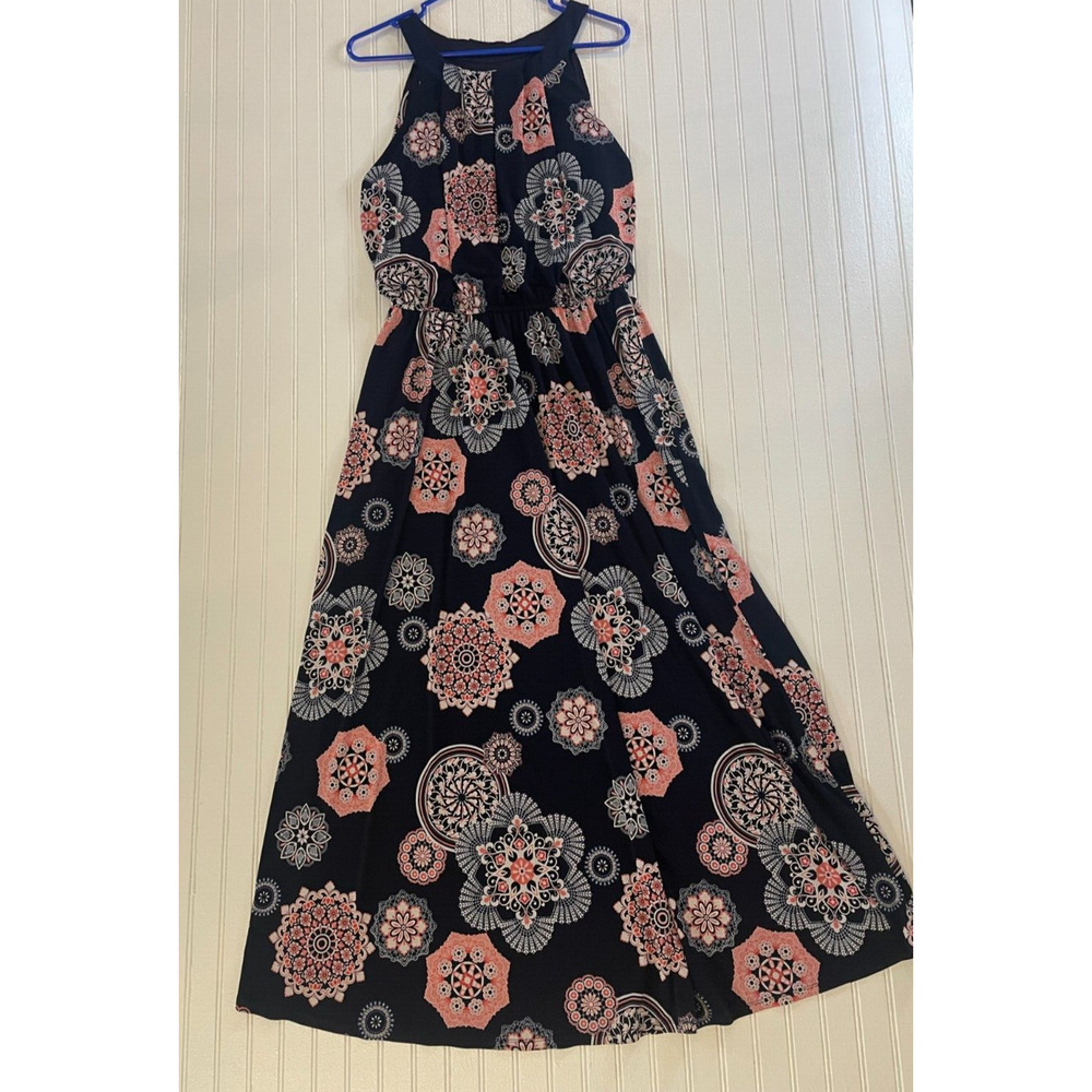 Robbie Bee Women's Printed Halter Maxi Dress Sz L ,Floral Navy Summer Boho Chic - Picture 4 of 11